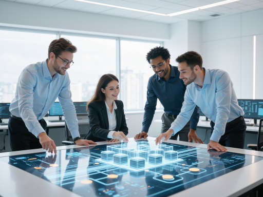 现代办公环境中年轻专业团队讨论AI项目，多个显示屏显示代码和图表，明亮自然光，商务氛围