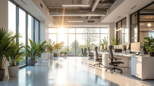 现代开放式办公空间，大面积玻璃窗采光，员工专注工作，整洁有序的办公桌椅，绿色植物点缀，营造舒适工作氛围